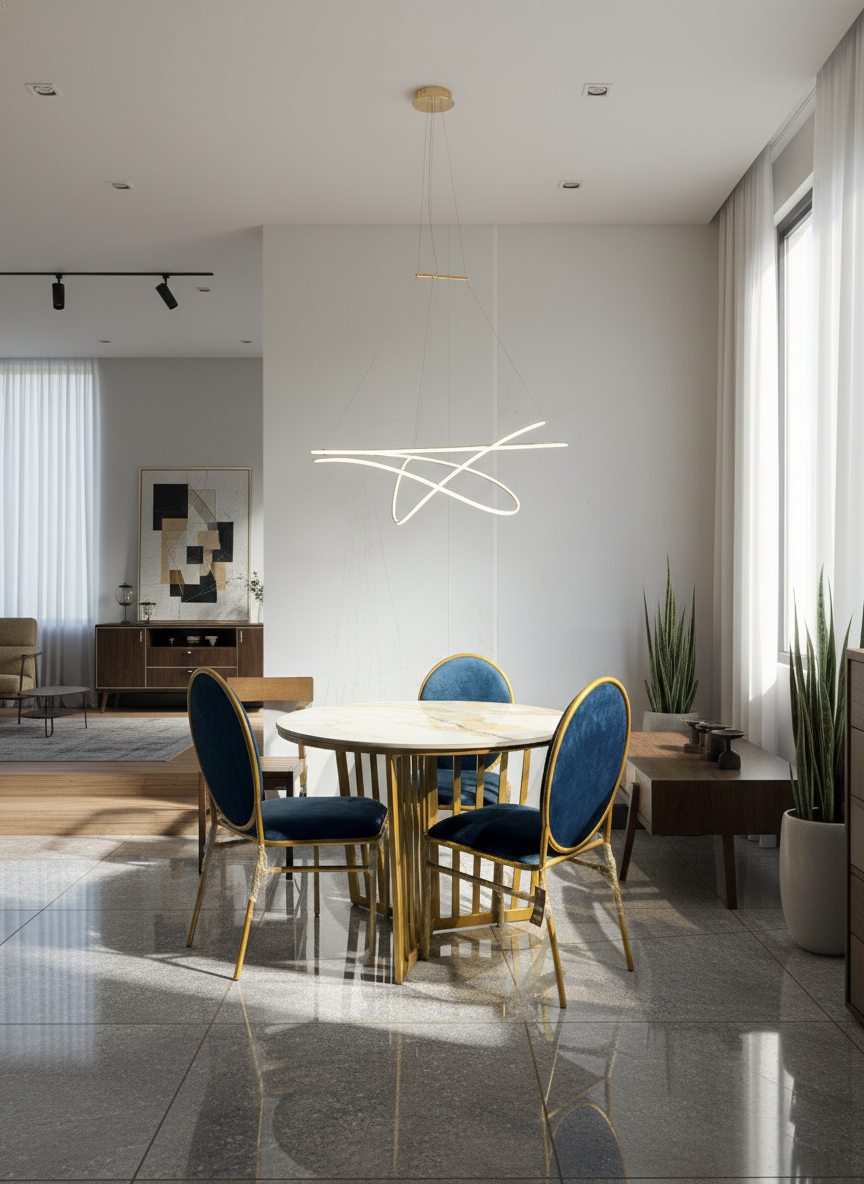 Round Dining Table with Artificial Marble Top & Golden Metal Base